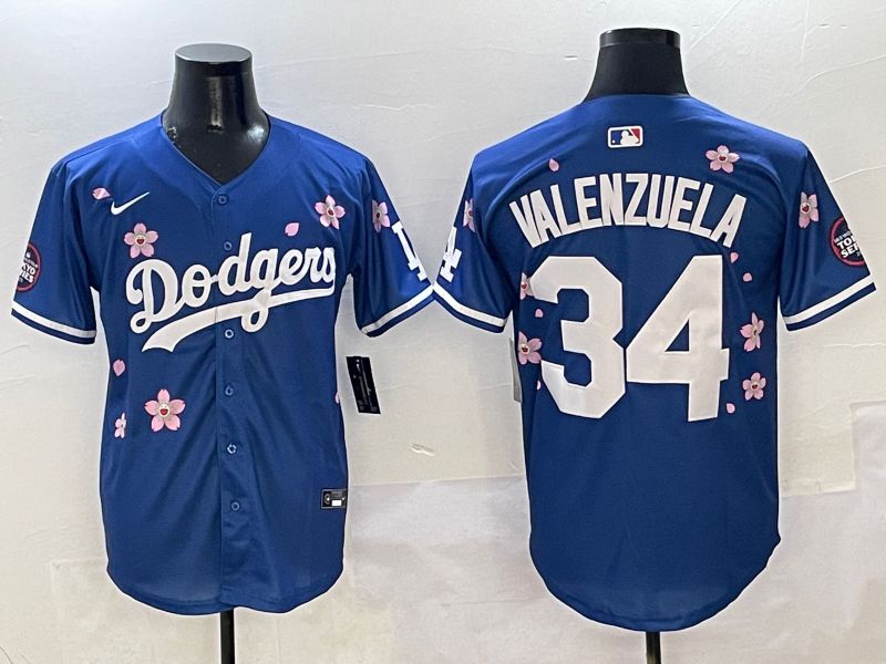 Men Los Angeles Dodgers #34 Valenzuela Blue Sakura Edition 2025 Nike MLB Jersey style 1